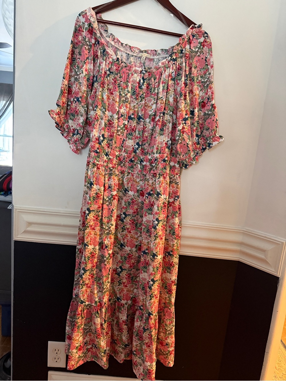 Pink Floral Maxi Dress with Flutter Sleeves/off shoulder